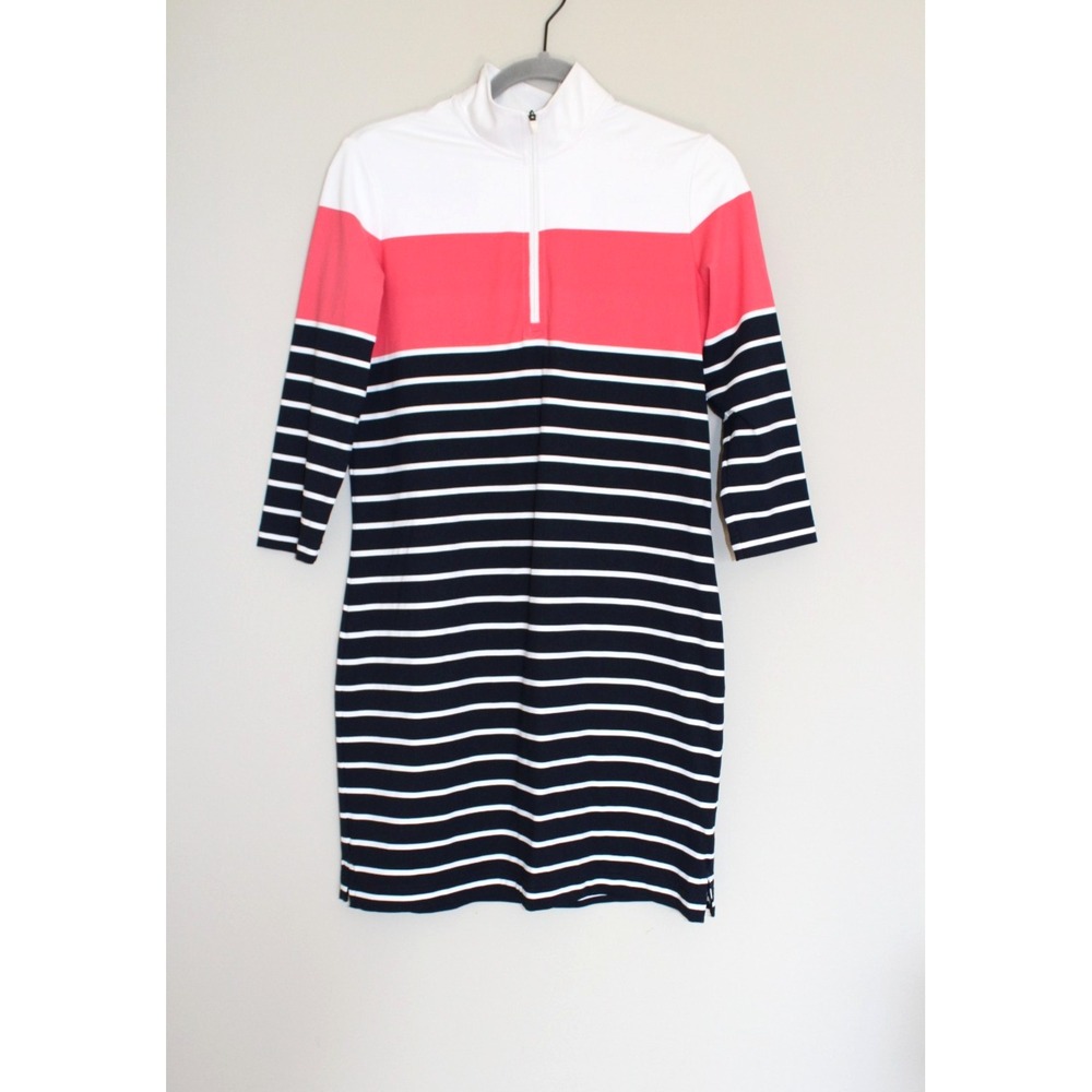 Southern Tide Womens Coral Pink White Striped Performance Dress 3/4 Sleeve Small